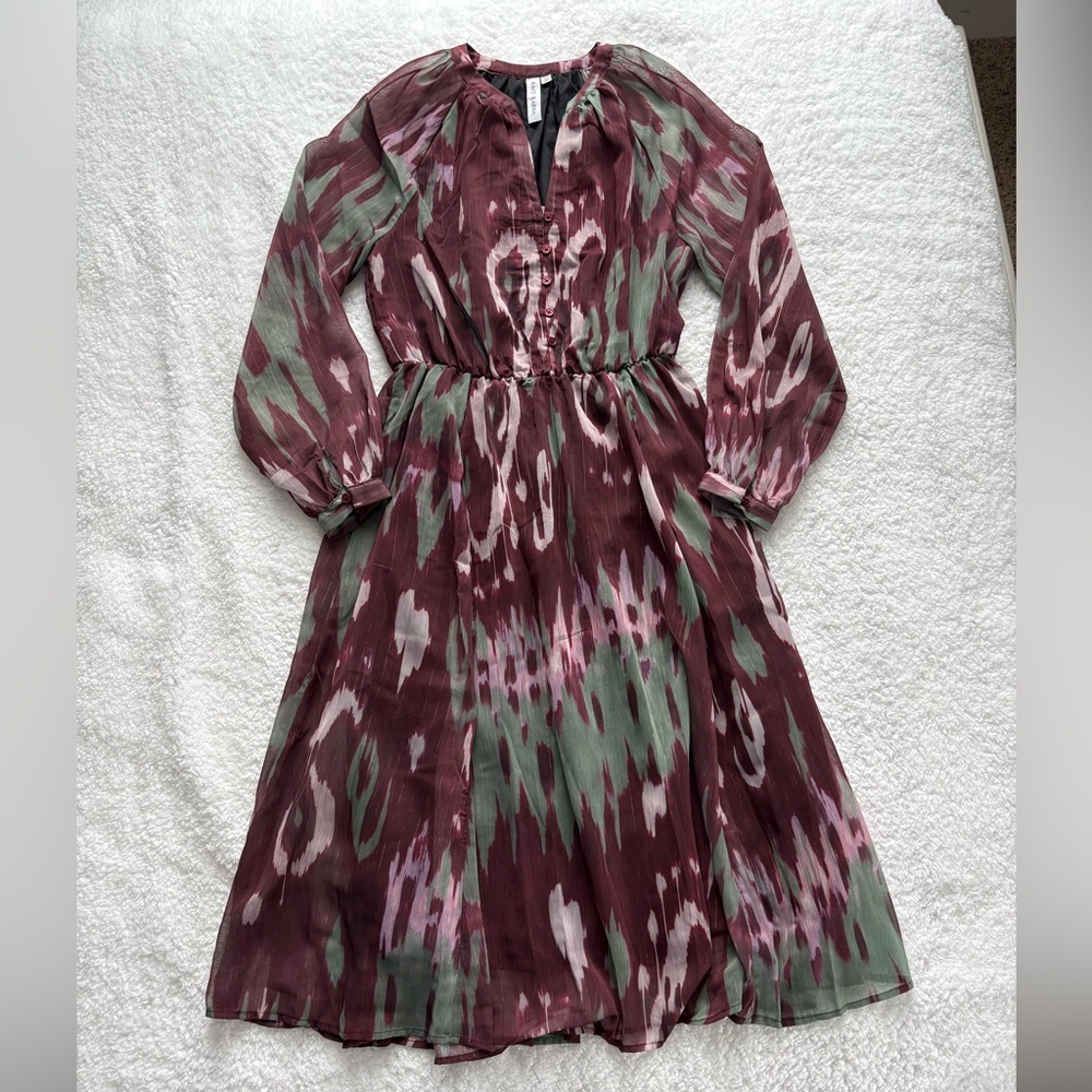 Grace + Karma Long Sleeve Ikat Print Midi Dress - Size Medium